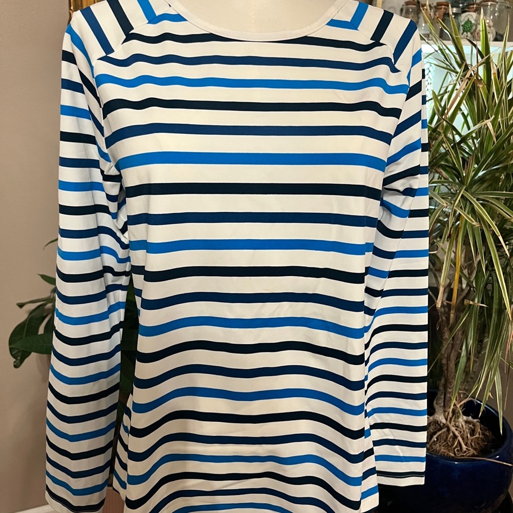 SPANX Blue and Black Striped Long Sleeve Top